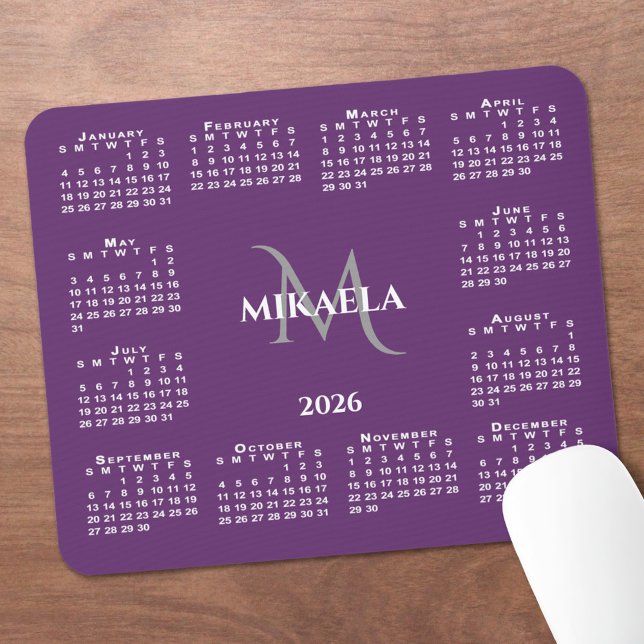 Tapis De Souris 2026 Calendar Chic Monogram Name on Purple (2026 Calendar Chic Monogram Name on Purple Mouse Pad, in situ)