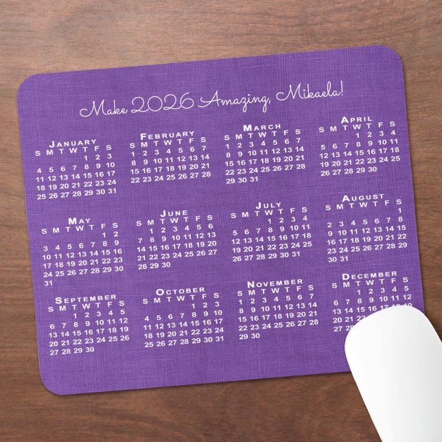 Tapis De Souris 2026 Calendar Custom Name Purple Linen Photo (2026 Calendar Custom Name Purple Linen Photo Mouse Pad, in situ)