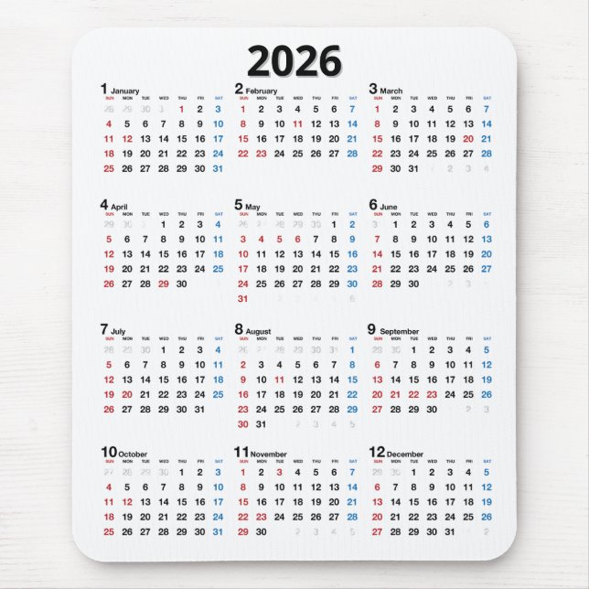 Tapis De Souris 2026 Calendar On White (Devant)