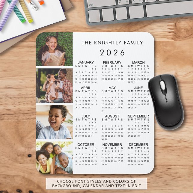 Tapis De Souris 2026 Calendrier Famille 4 Photo Couleur personnali (Créateur téléchargé)