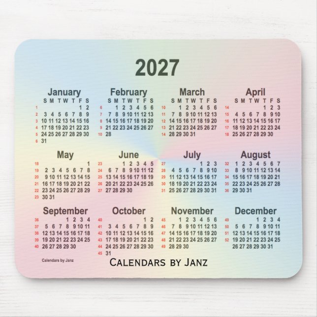 Tapis De Souris 2027 Rainbow Cloud Calendrier de 52 semaines par J (Devant)