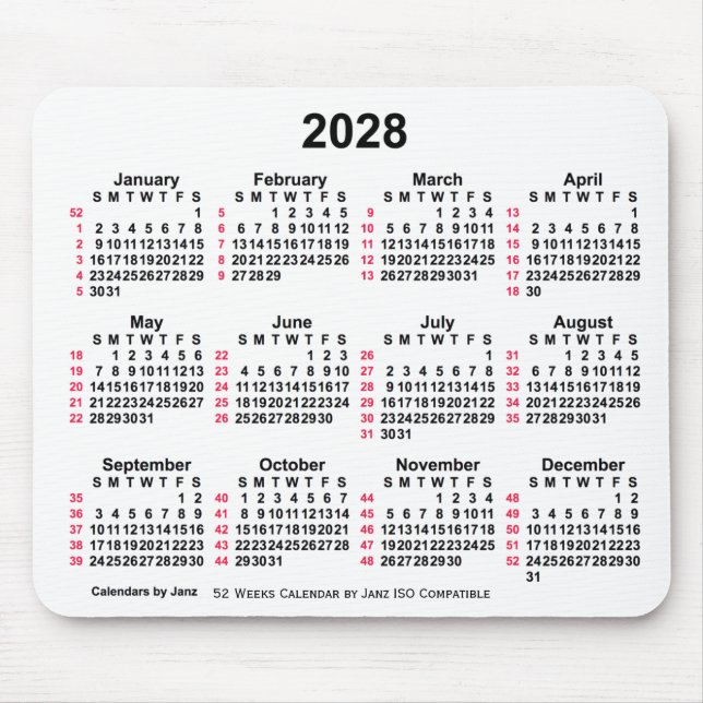 Tapis De Souris 2028 Blanc 52 semaines Calendrier ISO par Janz (Devant)