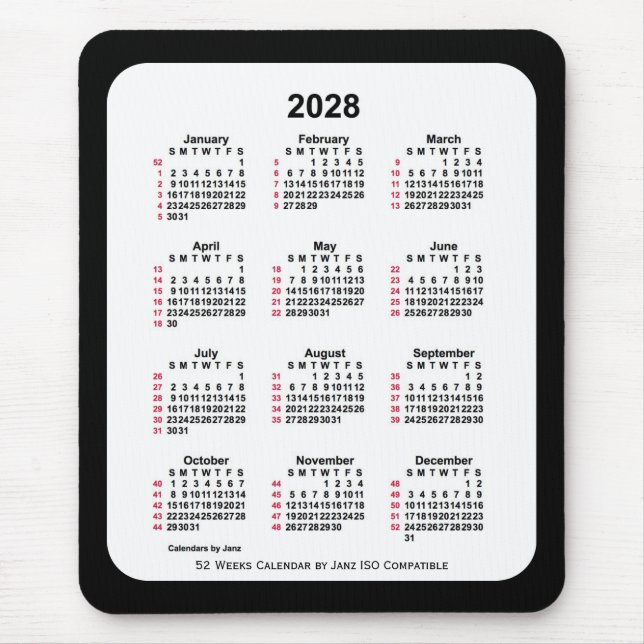 Tapis De Souris 2028 Noir 52 semaines Calendrier ISO par Janz Two  (Devant)