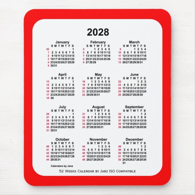 Tapis De Souris 2028 Rouge 52 semaines Calendrier ISO par Janz Two (Devant)