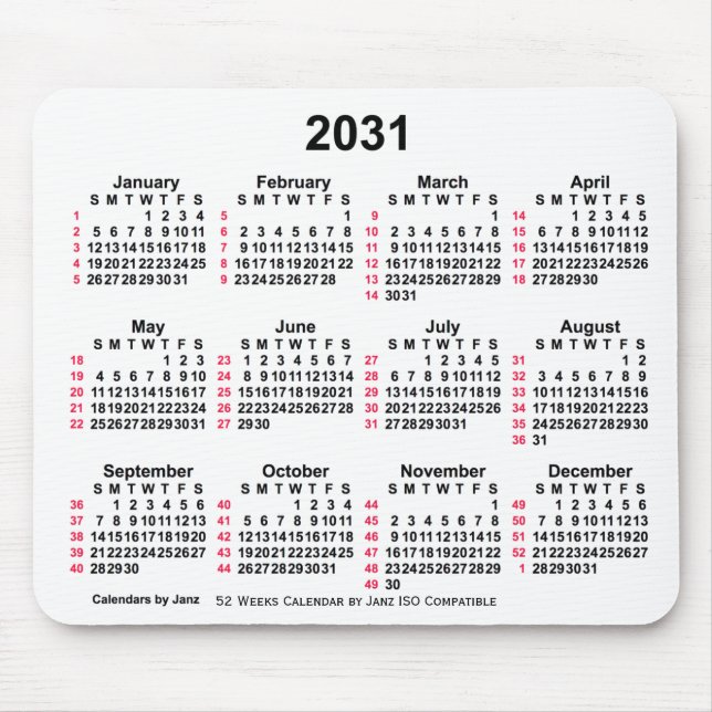 Tapis De Souris 2031 Blanc 52 semaines Calendrier ISO par Janz (Devant)
