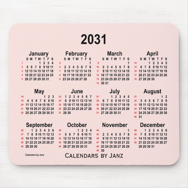 Tapis De Souris 2031 Misty Rose 52 Weeks Calendar par Janz (Devant)