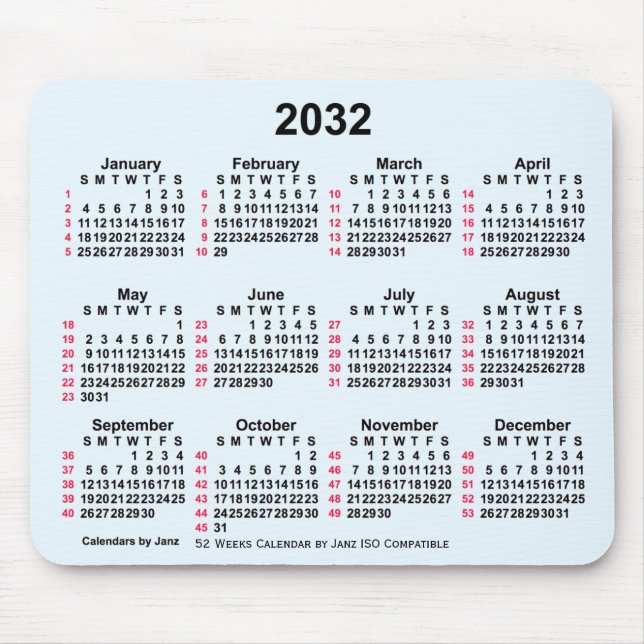 Tapis De Souris 2032 Alice Blue 52 semaines Calendrier ISO par Jan (Devant)