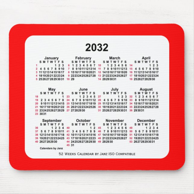 Tapis De Souris 2032 Rouge 52 Semaines ISO Calendrier par Janz Two (Devant)