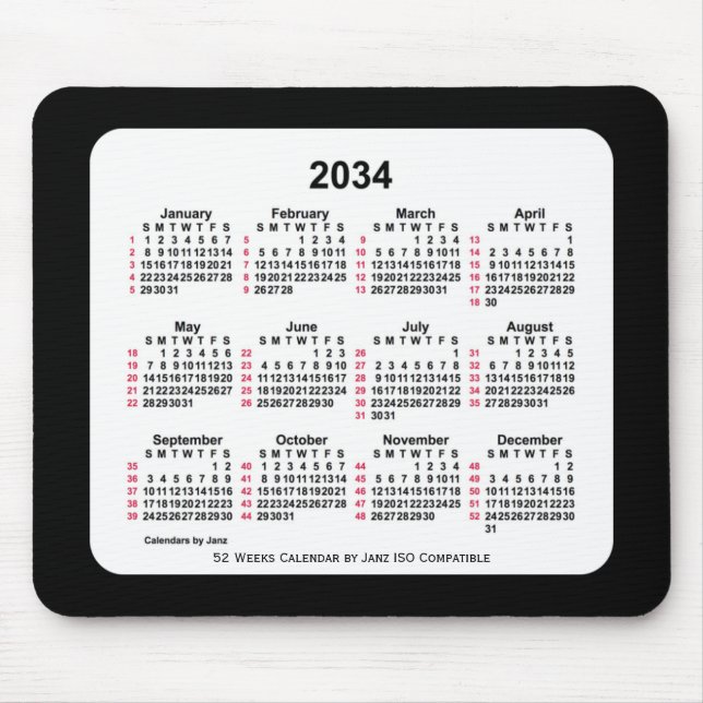 Tapis De Souris 2034 Noir 52 semaines Calendrier ISO par Janz Two  (Devant)