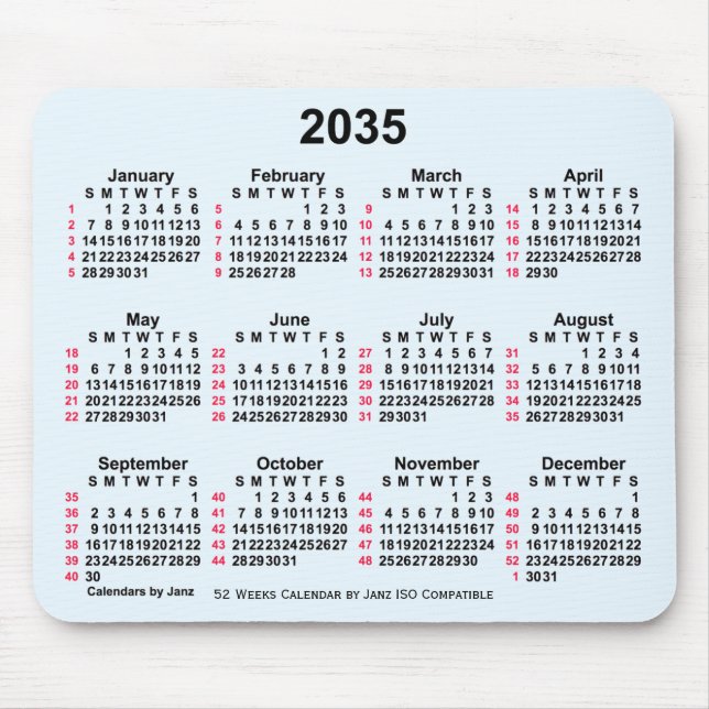 Tapis De Souris 2035 Alice Blue 52 semaines Calendrier ISO par Jan (Devant)