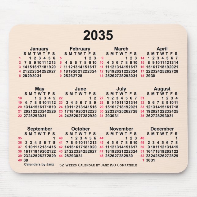 Tapis De Souris 2035 Antique Blanc 52 semaines Calendrier ISO par  (Devant)