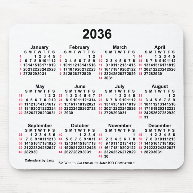 Tapis De Souris 2036 Blanc 52 semaines Calendrier ISO par Janz (Devant)