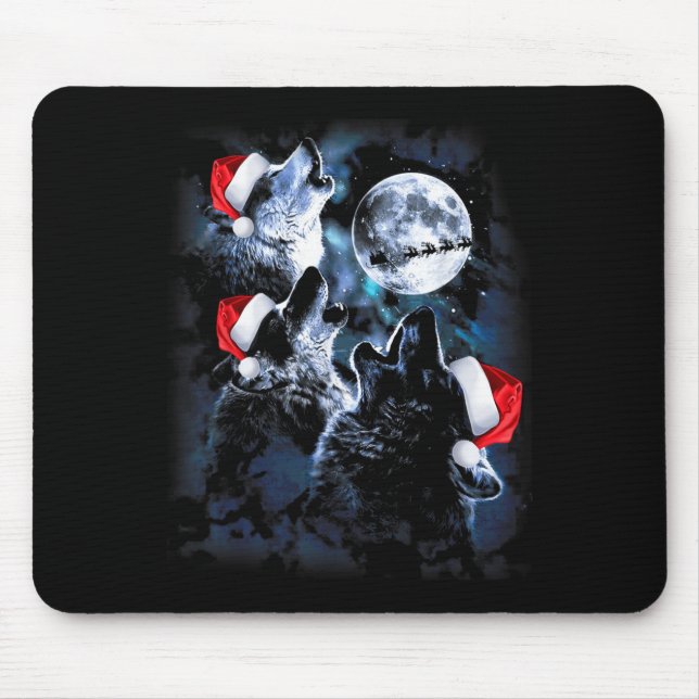 Tapis De Souris 3 Wolves Howling Under Moon Christmas Santa Wolf L (Devant)