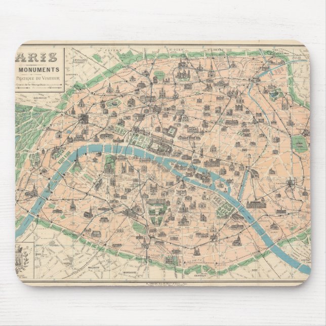 Tapis De Souris 5406-Paris Ses monuments carte à plat (Devant)