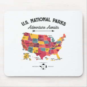 Tapis De Souris 63 Carte des parcs nationaux Parc américain Rétro 