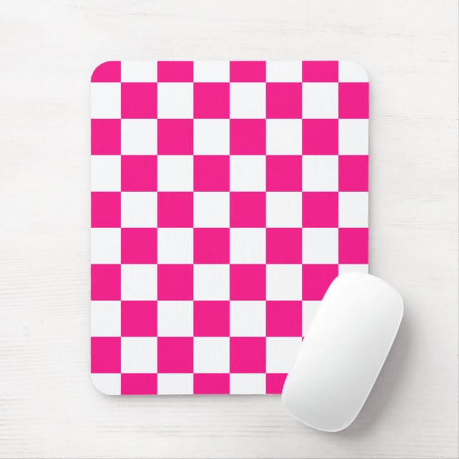 Tapis De Souris à damiers carré chaud rose blanc rétro géométrique (Avec souris)