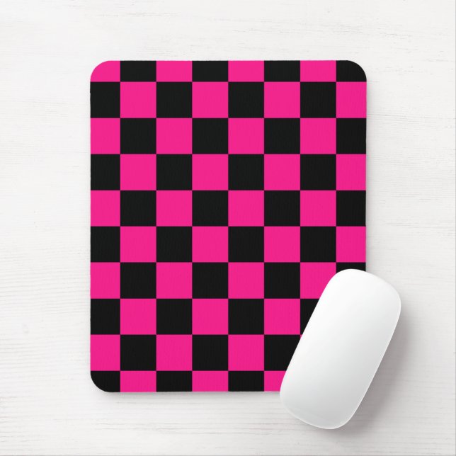 Tapis De Souris à damiers carré rose chaud noir rétro géométrique (Avec souris)