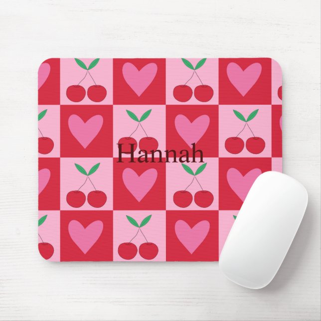 Tapis De Souris à damiers Cerises aux Coeurs Rose Nom personnalisé (Avec souris)