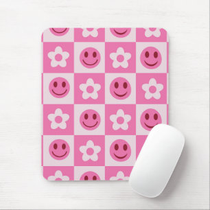 Tapis De Souris à damiers fleurs et visages heureux rose