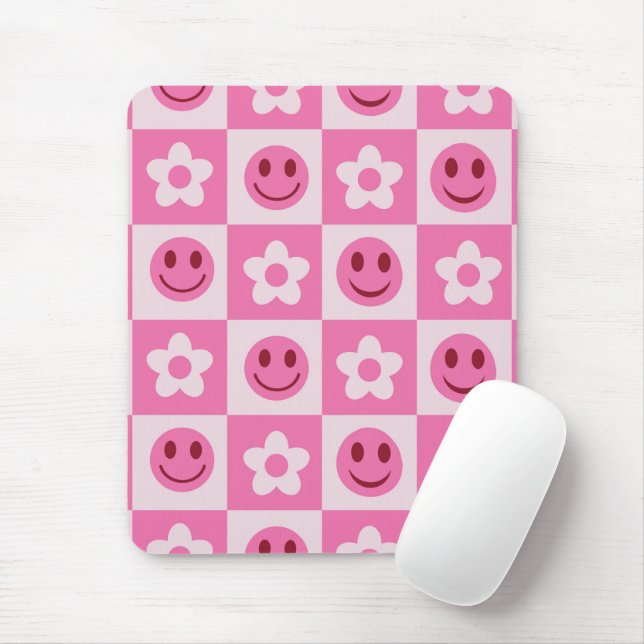 Tapis De Souris à damiers fleurs et visages heureux rose (Avec souris)