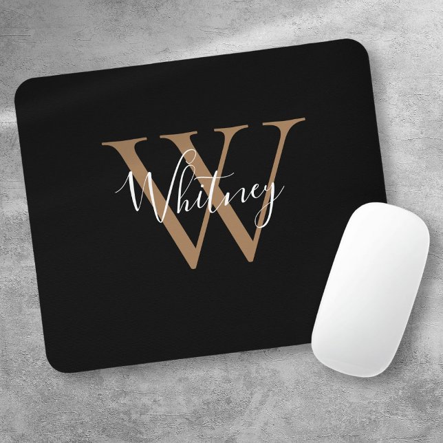 Tapis de souris à monogramme de nom de script en o (Elegant Black Gold Monogram Script Name Mouse Pad)