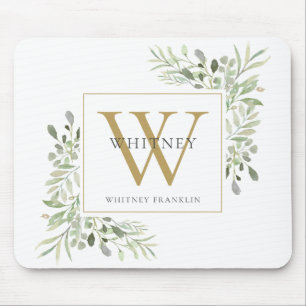 Tapis de souris à monogramme floral en or élégant