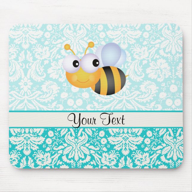 Tapis De Souris Abeille mignonne ; Motif turquoise de damassé (Devant)
