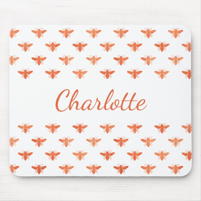 Tapis De Souris Abeilles rose or monogramme nom script blanc (Devant)