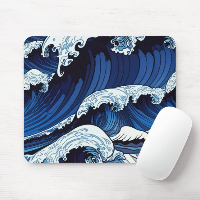 Tapis De Souris Abstrait Blue Ocean Waves Art de style japonais | (Avec souris)
