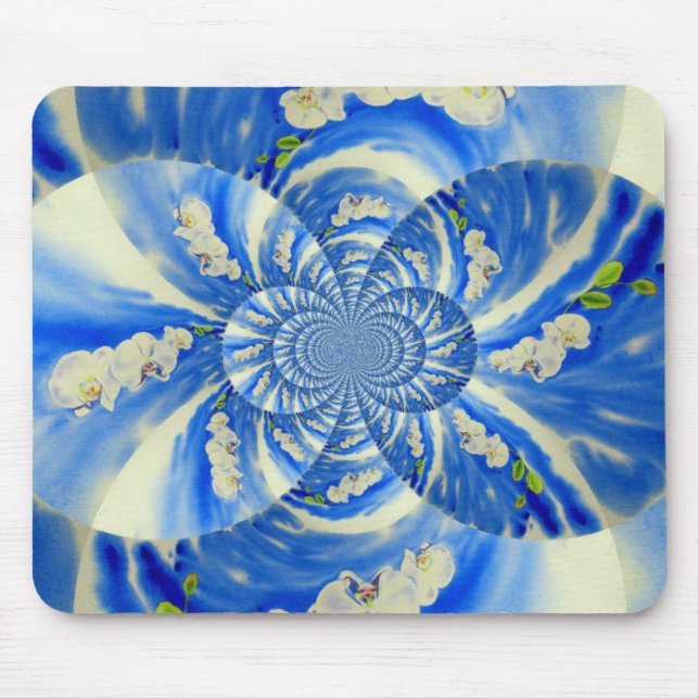 Tapis De Souris Abstraite peinture florale bleue blanche (Devant)