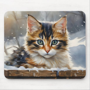 Tapis De Souris Adorable Calico Chat dans la neige