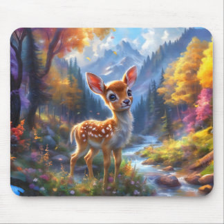 Tapis De Souris Adorable Cerf de Bébé dans une forêt enchantée