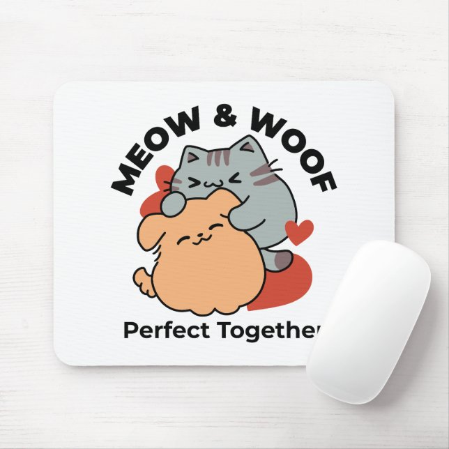 Tapis De Souris Adorable chat et chien Hug - Meow & Woof Design (Avec souris)