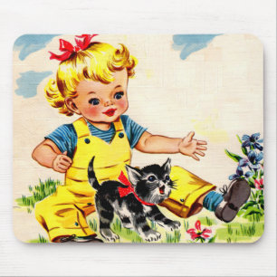 Tapis De Souris adorable petite fille avec adorable petit chaton