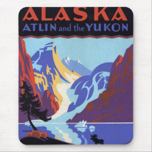 Tapis De Souris Affiche de voyage vintage de l'Alaska, Atlin et le