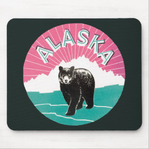 Tapis De Souris Affiche de voyage vintage, ours noir d'Alaska dans