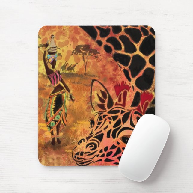 Tapis De Souris African Girl and Giraffe - Friends - Art Drawing - (Avec souris)