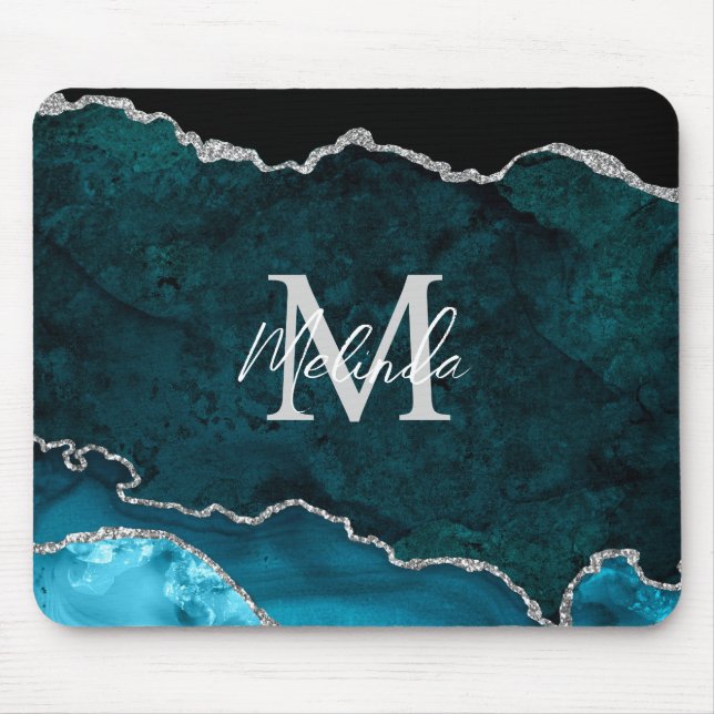 Tapis De Souris Agate de marbre bleu turquoise et argenté (Devant)