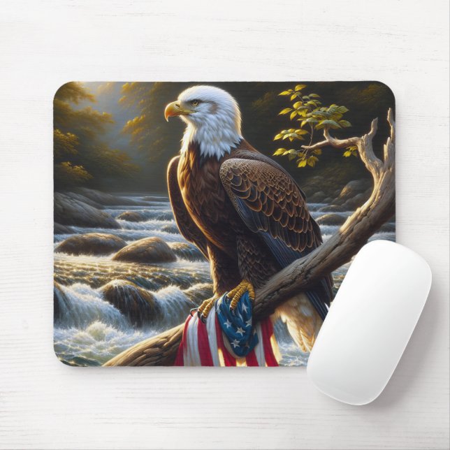 Tapis De Souris Aigle à tête blanche avec drapeau américain sur un (Avec souris)