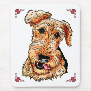 Tapis De Souris Airedale Terrier Coeurs roses Saint Valentin