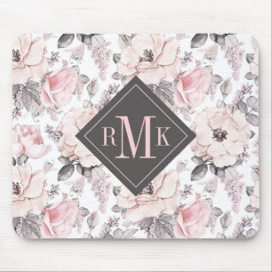 Tapis De Souris Ajoutez votre motifs roses du monogramme   et gris