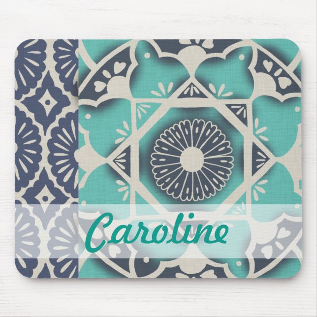 Tapis De Souris Ajoutez votre nom | Carrelage Batik bleu II (Devant)