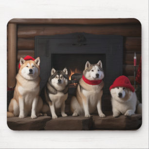 Tapis De Souris Akita au coin du feu de Noël