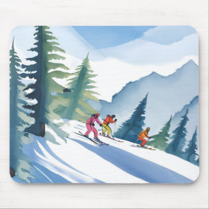 Tapis De Souris Allons Ski   Peinture Aquarelle d'Hiver