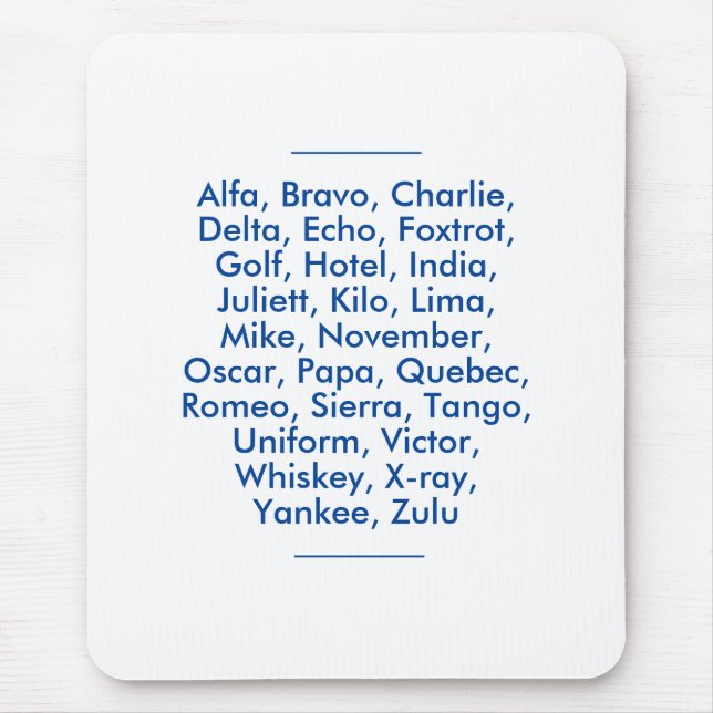 Tapis De Souris alphabet phonétique "OTAN", Alfa à Zulu (Devant)