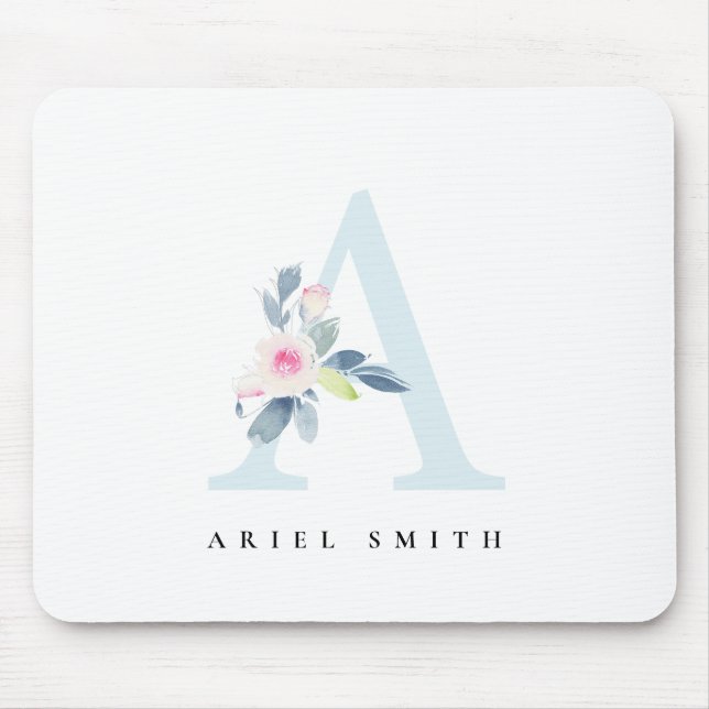 TAPIS DE SOURIS ALPHABÈTES FLORAUX BLEUS DOUX NOM LETTRE A (Devant)