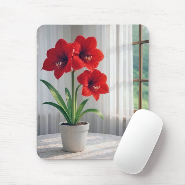 Tapis De Souris Amaryllis Rouge en Fleur  (Avec souris)