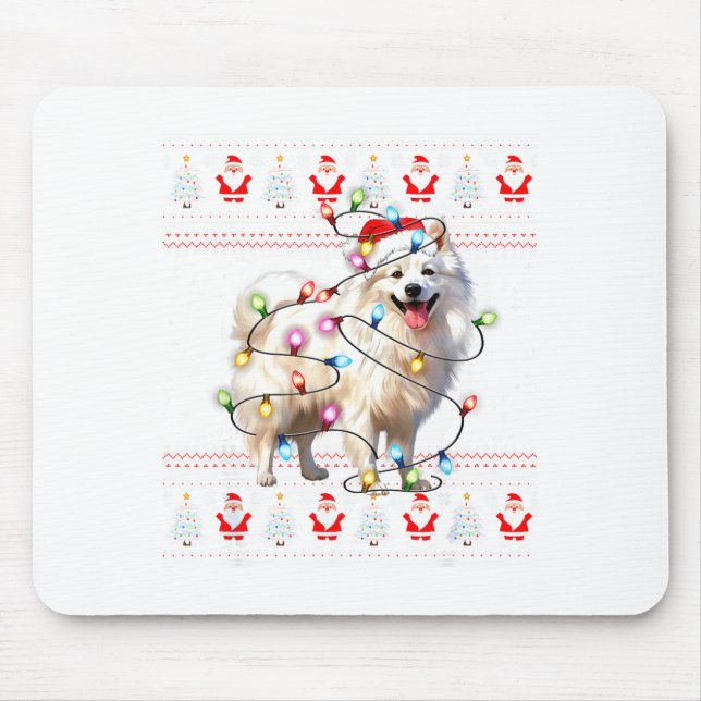 Tapis De Souris American Eskimo Dog Xmas Lights Ugly Sweater Chris (Devant)