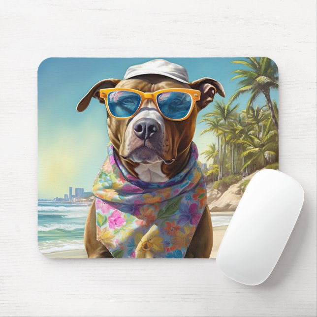 Tapis De Souris American Staffordshire sur la plage, cadeau d'été (Avec souris)