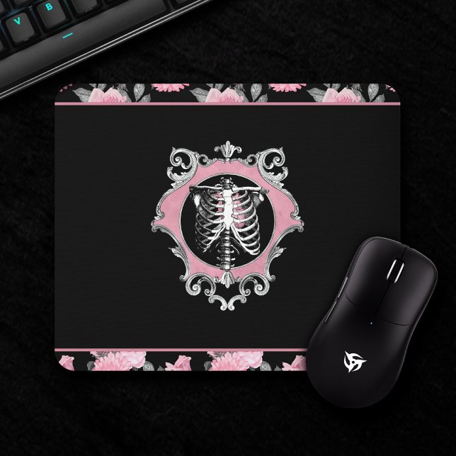 Tapis De Souris Amour gothique | Squelette rose et noir Coeur flor (Créateur téléchargé)